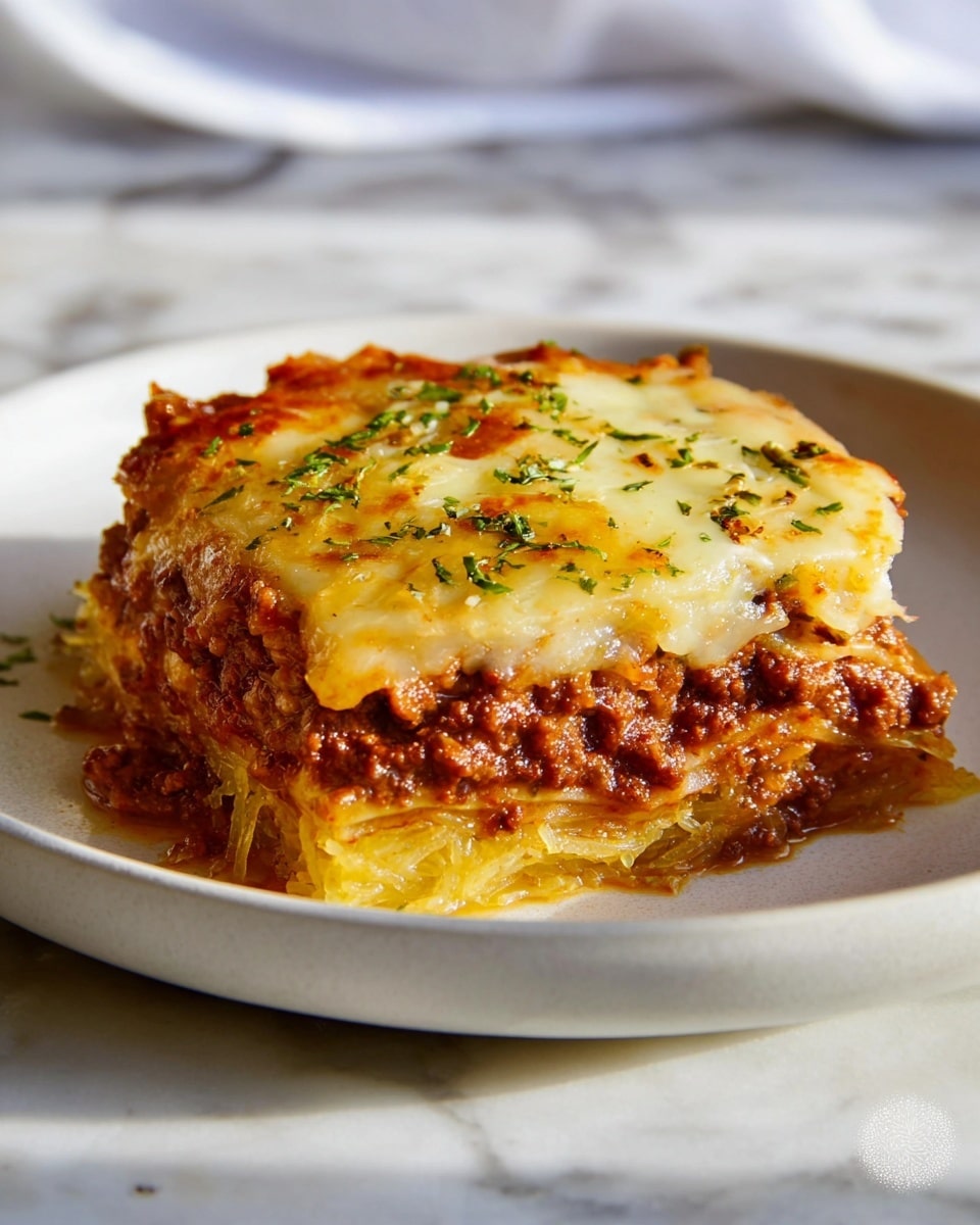 A square piece of lasagna sits in the center of a white plate, showing three visible layers: a bottom layer of thick pasta sheets, a middle layer of rich, dark brown meat sauce mixed with finely chopped vegetables, and a top layer covered in golden-brown melted cheese with some bubbly, browned spots. Small green parsley flakes are sprinkled over the cheese and around the plate. The plate rests on a white marbled textured surface with a white cloth napkin featuring red stripes partially visible under the plate. Photo taken with an iphone --ar 4:5 --v 7