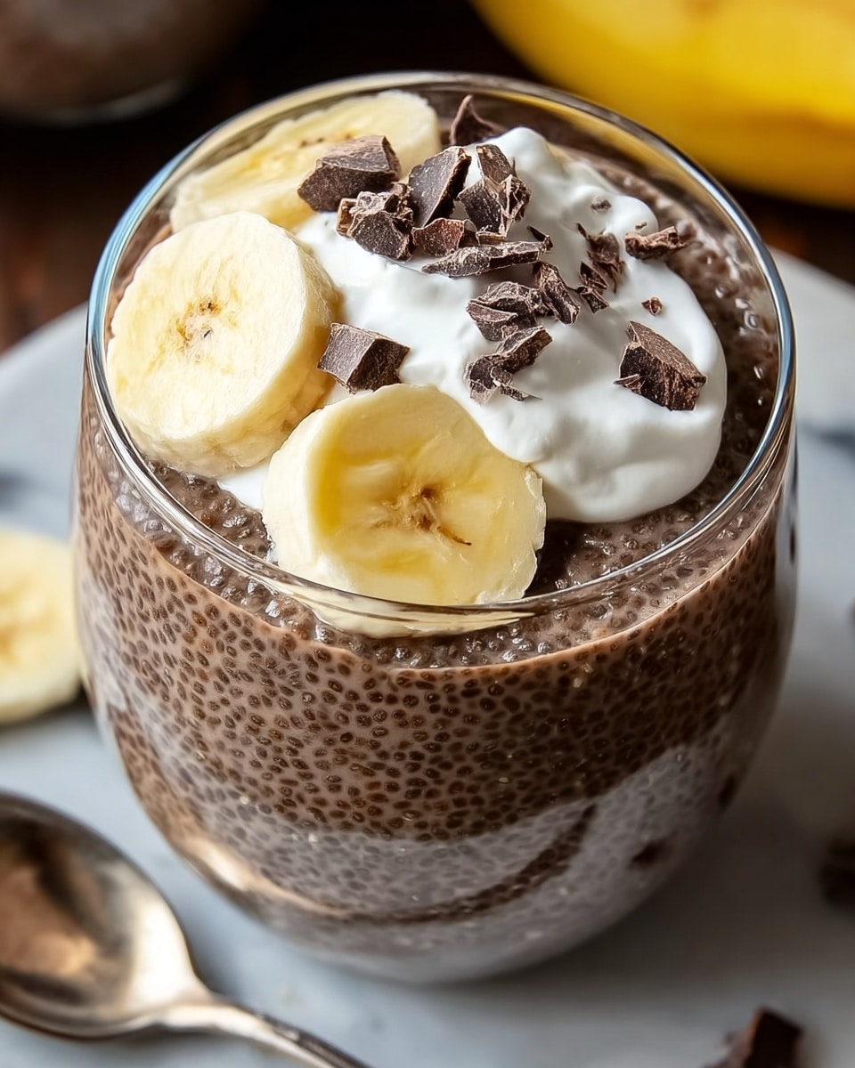 The image shows a close-up of a clear glass filled with a chocolate chia pudding that has a textured, slightly bumpy surface from the chia seeds. On top, there is a dollop of white whipped cream with a smooth, creamy texture. Two thick round slices of banana, pale yellow with light brown edges, rest on the whipped cream. Scattered over the cream and bananas are small, rough pieces of dark chocolate, adding a dark brown contrast. The glass is placed on a white marbled background, with some blurred banana slices and a spoon in the background. The photo taken with an iphone --ar 4:5 --v 7