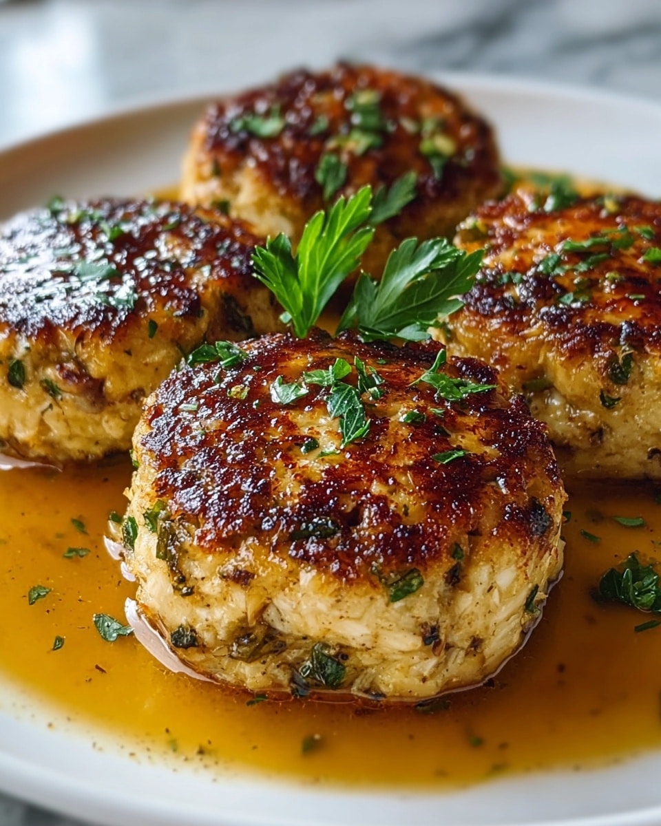 The image shows four golden-brown crab cakes with a crispy, slightly shiny crust on a white plate. Each crab cake is thick and round with a textured surface that reveals bits of green herbs and crab meat inside. The cakes sit in a pool of smooth, amber-colored sauce that adds gloss to their base. Fresh green parsley leaves are sprinkled on top of the cakes and placed in the center of the plate for a pop of color. The close-up view highlights the contrast between the crunchy outer layer and the tender inside of the crab cakes. The plate rests on a white marbled surface. photo taken with an iphone --ar 4:5 --v 7