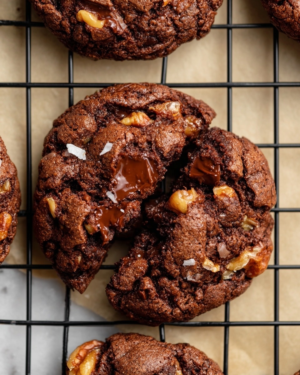 The image shows several round chocolate cookies placed closely together on a black cooling rack. Each cookie has a rich, dark brown color with a slightly rough texture. Visible within the cookies are chunks of melting dark chocolate and pieces of light brown nuts mixed into the dough, giving a bumpy surface with a combination of smooth melted spots and crunchy nut bits. The cookies appear soft but firm, with uneven tops showing the mix of ingredients. The background is a white marbled texture. Photo taken with an iphone --ar 4:5 --v 7