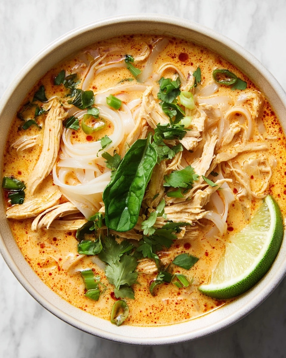 A white bowl filled with a creamy orange broth layer, slightly speckled with red spices, forms the base of this dish. On top, there is a layer of white rice noodles spread through the soup, intertwined with shredded pieces of pale cooked chicken. Bright green scallion pieces and cilantro leaves are scattered over the noodles and chicken, adding spots of fresh color. A fresh spinach leaf sits near the center, with a wedge of light green lime placed on the side of the bowl. The bowl rests on a white marbled surface. photo taken with an iphone --ar 4:5 --v 7