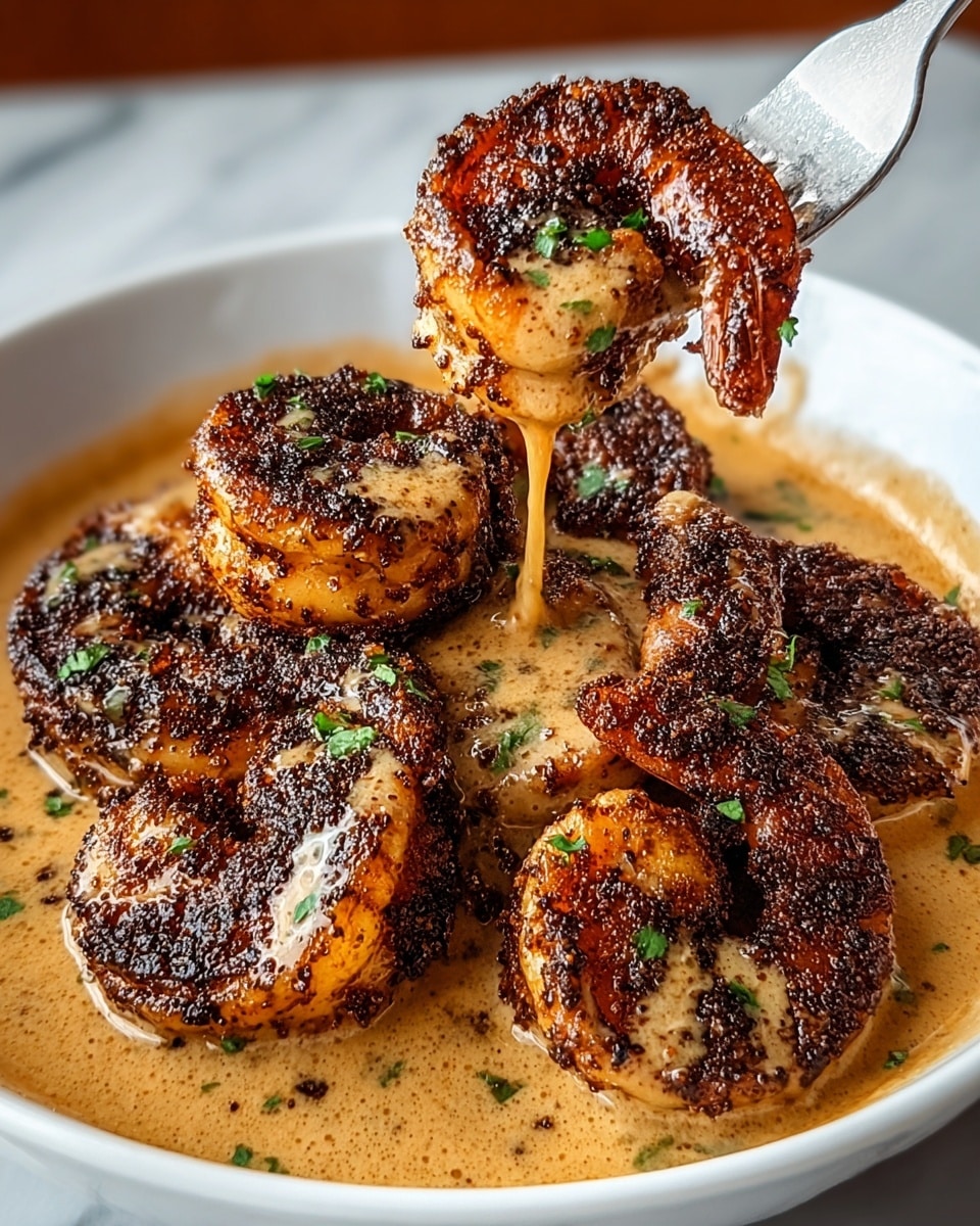 A close-up view of a white bowl filled with several pieces of dark brown, charred shrimp coated in a creamy, light beige sauce. The shrimp have a crispy texture and are sprinkled with finely chopped green herbs. A silver fork holds one piece of shrimp above the bowl, with the creamy sauce dripping down from it. The sauce pools in the bowl around the shrimp with a slightly speckled appearance. The background shows a soft focus with a warm tone, and the whole scene rests on a white marbled surface. Photo taken with an iphone --ar 4:5 --v 7