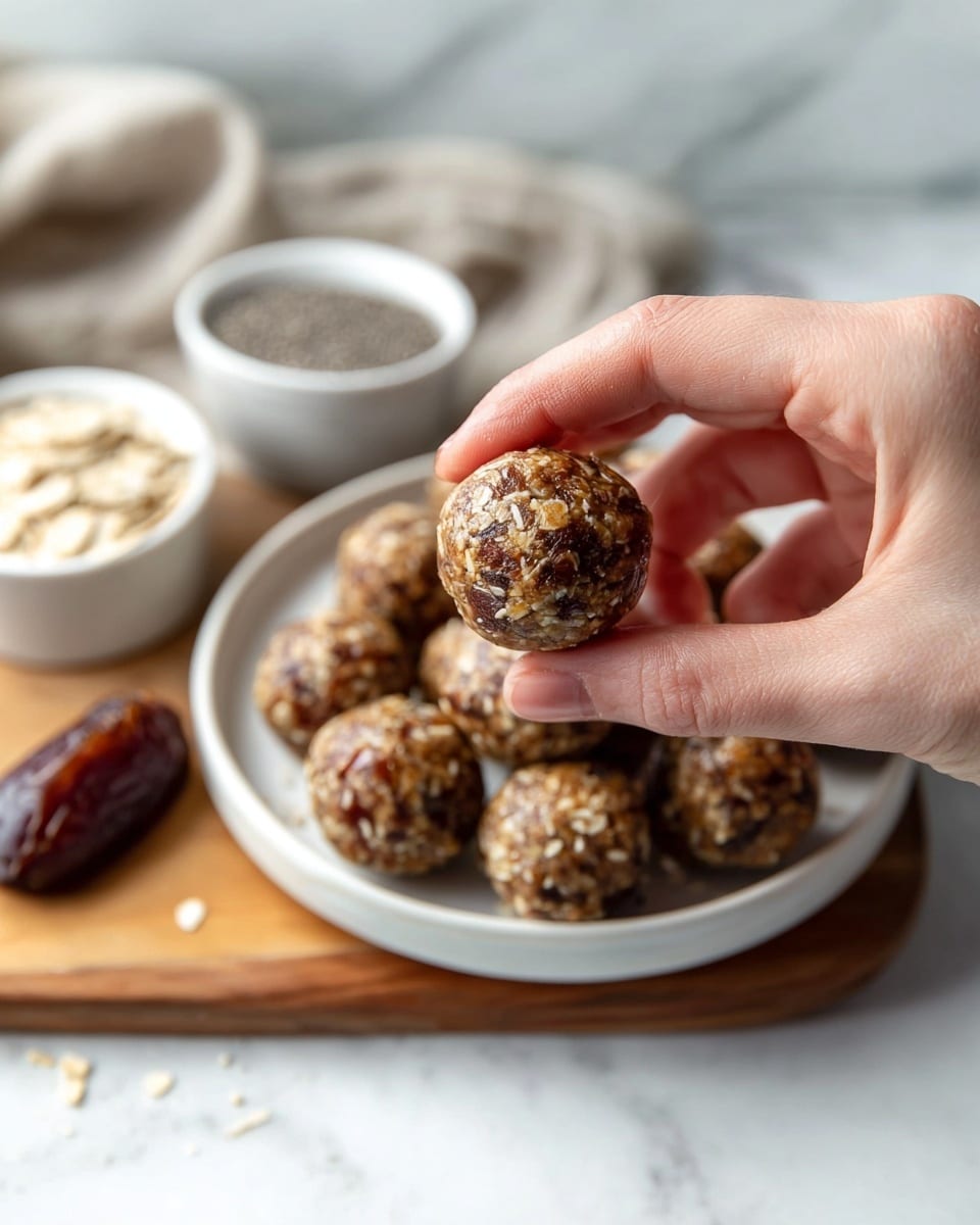 A woman's hand is holding a round energy ball made of oats and dates, showing its textured surface with visible oat flakes throughout. There are several more energy balls stacked on a white plate beneath the hand. The plate sits on a wooden board, which also holds a wooden bowl filled with small black chia seeds and a smaller white bowl behind it containing oats. A single date lies on the wooden board in front of the plate, all placed on a white marbled texture background. photo taken with an iphone --ar 4:5 --v 7