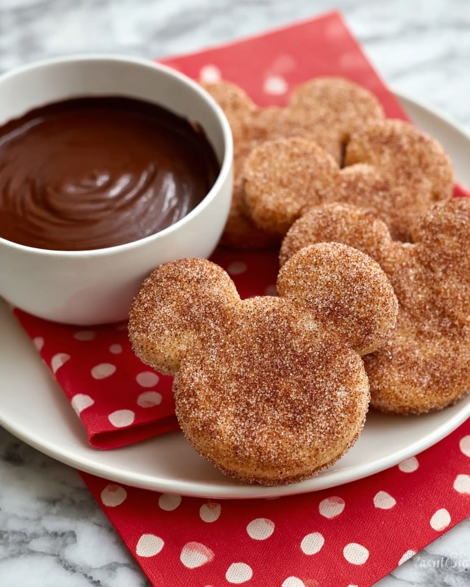 Several Mickey-shaped cookies with a rough, cinnamon-sugar coating sit stacked on each other placed on a white plate over a red napkin with white polka dots. To the left of the cookies is a white bowl filled with smooth, dark brown chocolate sauce, all set on a white marbled surface. photo taken with an iphone --ar 4:5 --v 7