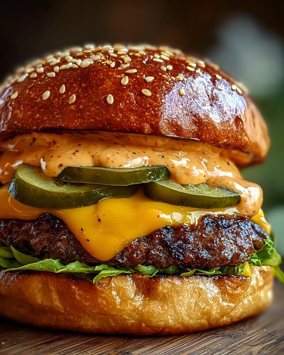 A close-up of a juicy cheeseburger with five visible layers: the top layer is a shiny, toasted sesame seed bun in golden brown color; below it are thick green pickle slices covered in a creamy, orange sauce with specks; the next layer is a slice of melted bright yellow cheddar cheese resting on a thick, well-grilled beef patty; underneath the patty is a layer of fresh green lettuce; and the bottom layer is the toasted golden brown burger bun with some sauce oozing out. The burger sits on a wooden surface with a soft out-of-focus background. Photo taken with an iphone --ar 4:5 --v 7