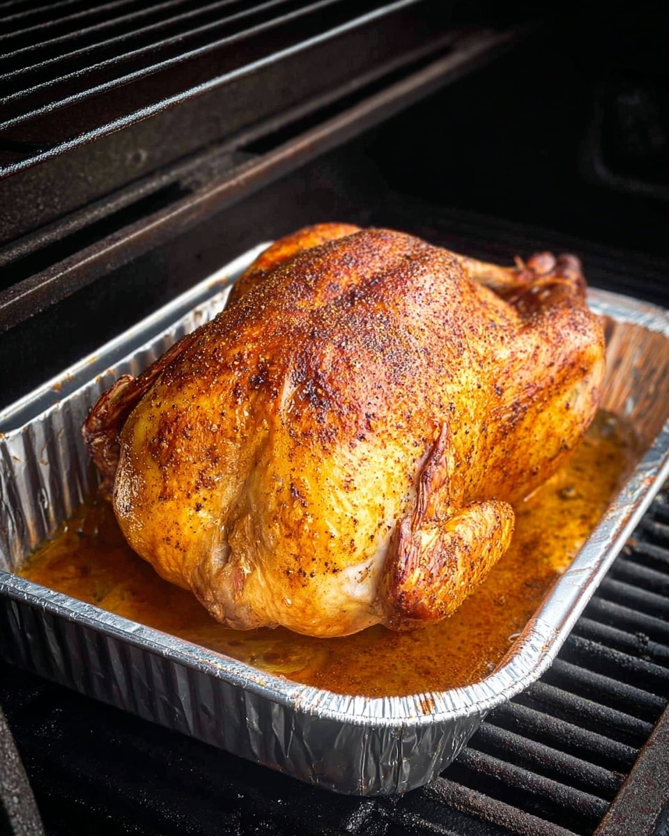 A whole roasted chicken with a golden brown crispy skin sits upright in a silver metal tray, resting on a layer of rich, orange-brown cooking juices at the bottom. The chicken's skin is seasoned with visible specks of spices, showing a slightly textured surface from roasting. The tray is placed on a black grill with dark metal grates visible around the edges. photo taken with an iphone --ar 4:5 --v 7