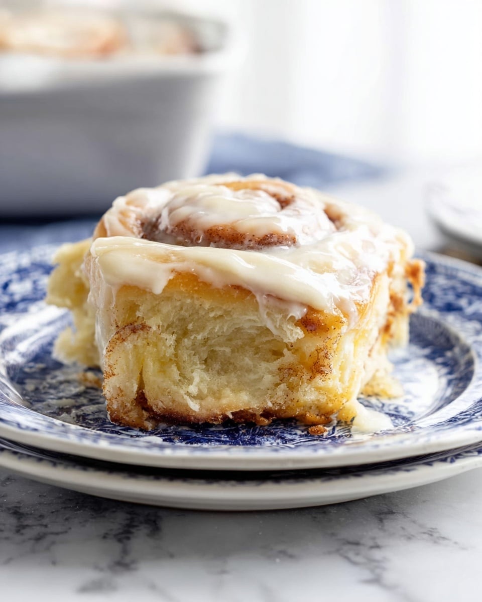 A single cinnamon roll sits on a blue and white patterned plate, which is placed on a larger white plate, all set on a white marbled surface. The cinnamon roll has three visible layers of soft, golden-brown dough spiraled with cinnamon, and the top is covered with a thick, creamy white frosting that melts slightly over the sides. The texture of the roll looks fluffy and slightly crumbly around the edges, and bits of cinnamon are visible within the layers. The background is softly blurred, highlighting the roll as the main focus. Photo taken with an iphone --ar 4:5 --v 7