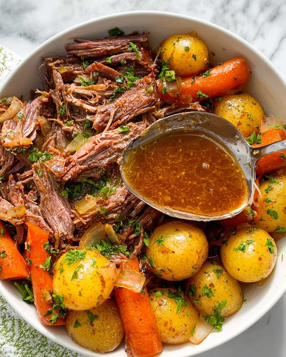 A white bowl holds a layered dish with tender, shredded brown meat placed in the center, topped with scattered translucent cooked onion slices. Surrounding the meat are bright orange carrot sticks and small round golden-yellow potatoes. Fresh green parsley sprigs are scattered on top and around the dish, adding a splash of color. The bowl sits on a light wood slice, with a white cloth underneath that has leaf patterns in green and yellow. The background is a white marbled texture. photo taken with an iphone --ar 4:5 --v 7