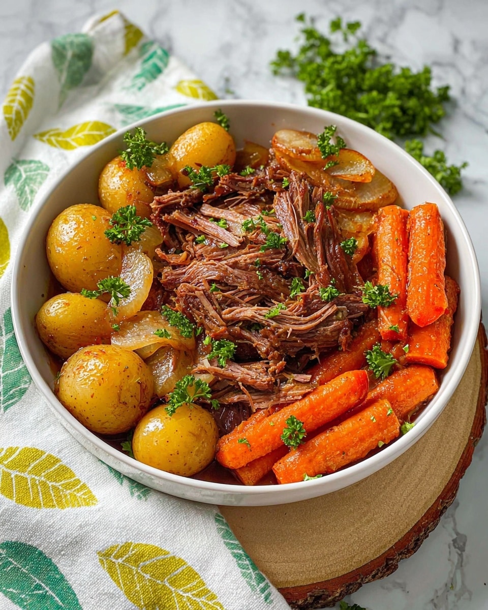 A white bowl filled with tender, shredded brown meat layered on top of whole small yellow potatoes and sliced orange carrots, all cooked together and slightly glistening with oil and herbs. There are translucent cooked onions scattered among the meat and vegetables. A metal ladle is resting on the meat, holding a rich, brown sauce with a glossy surface. Fresh green parsley garnishes the top edge of the bowl. The bowl is set on a white marbled surface. photo taken with an iphone --ar 4:5 --v 7