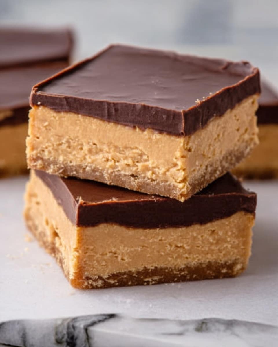 The image shows a close-up view of three stacked dessert bars on a white marbled surface. The bottom layer is a darker cookie-like crust with rough texture. The middle layer is thick, light brown, and smooth, resembling peanut butter or a creamy filling. The top layer is a glossy, dark brown chocolate coating with a shiny, even finish. The layers are all neatly cut with clean edges, showing clear separation between each one. photo taken with an iphone --ar 4:5 --v 7