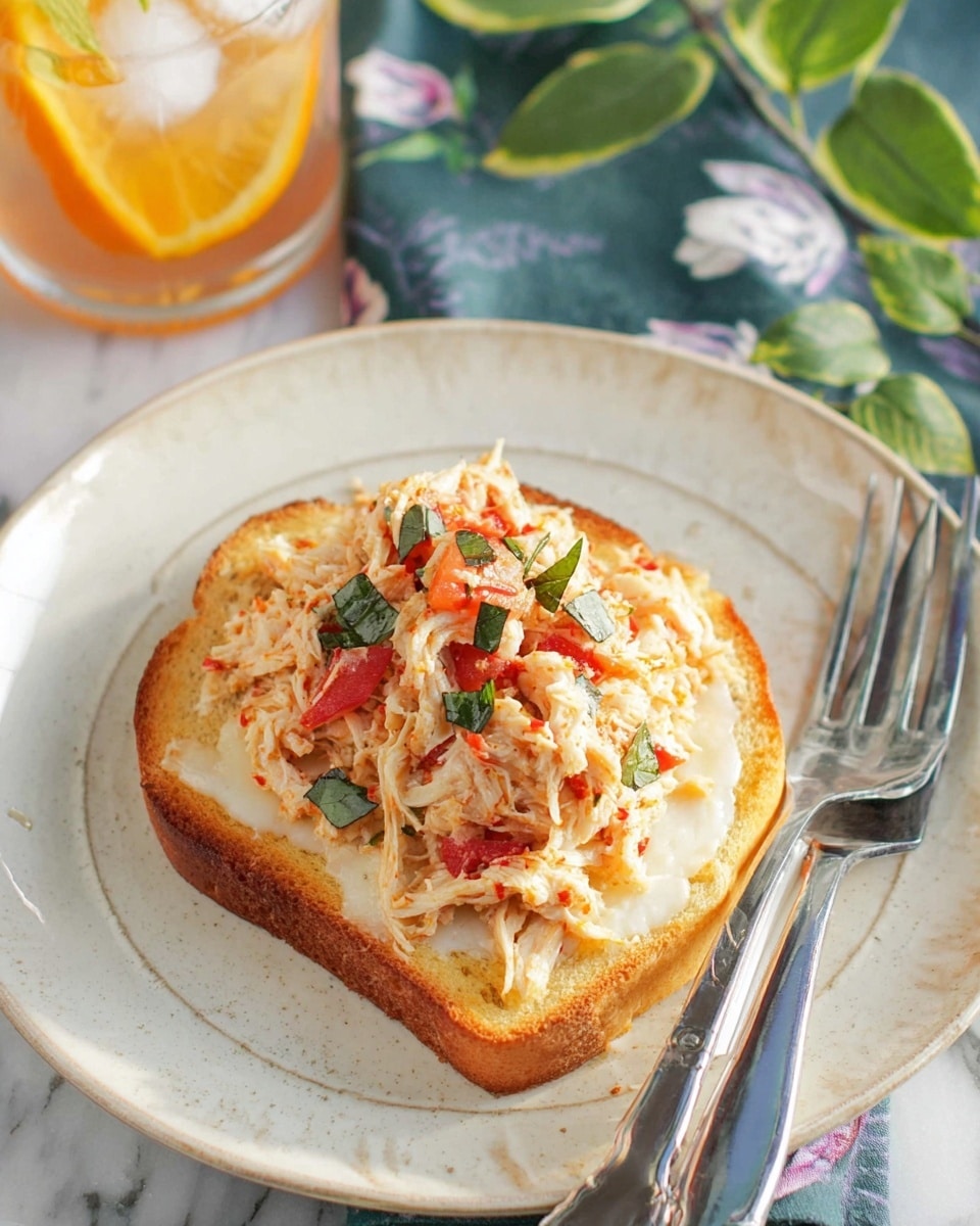 A single slice of toasted bread with a golden brown crust forms the base layer, topped with a layer of melted white cheese that slightly oozes around the edges. Above the cheese is a generous mound of shredded chicken mixed with small red tomato chunks and green herb pieces, giving the dish a colorful and textured look. The toast is placed on a white plate with a subtle patterned rim, and a silver fork and knife rest on the plate beside the toast on a white marbled surface. A glass with ice and an orange slice, along with a floral cloth and green leaves, are partially visible in the background. photo taken with an iphone --ar 4:5 --v 7