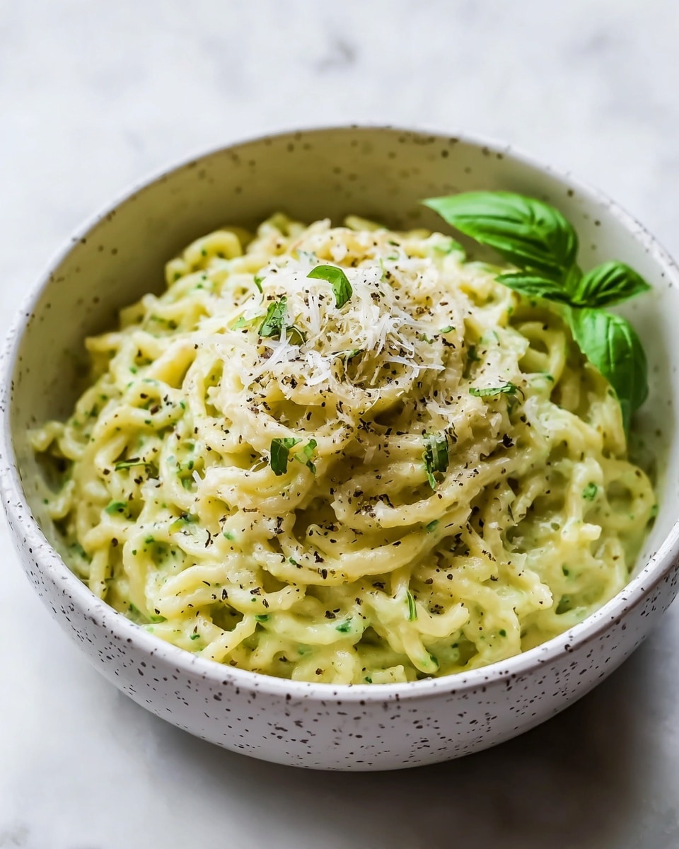 A bowl filled with creamy, pale yellow noodles coated in a light green sauce with visible small green herb pieces mixed in. The noodles are twirled into a mound at the center, topped with grated white cheese and sprinkled with coarse black pepper. A small fresh green basil leaf garnish sits on the right side of the noodles. The bowl is white with a speckled pattern on the outside and is placed on a white marbled surface. photo taken with an iphone --ar 4:5 --v 7