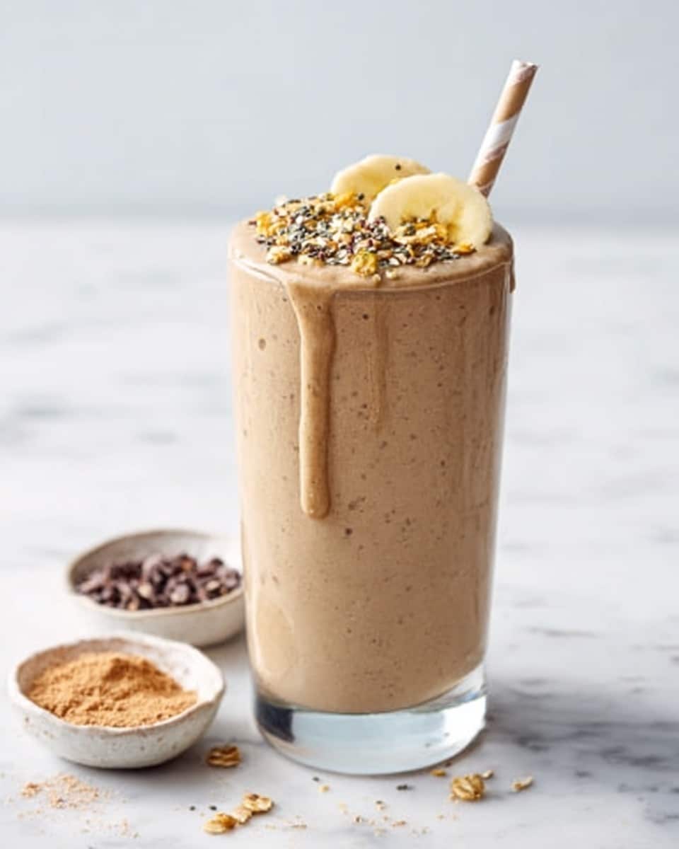 A tall clear glass filled with a creamy, light brown smoothie that slightly drips down the side. The smoothie is topped with small pieces of granola, a few small dark seeds, and two round banana slices placed at the edge. A striped straw is inserted into the smoothie, leaning slightly to one side. The glass is set on a white marbled surface, with two small white bowls behind it—one with small dark pieces and the other with light brown powder. photo taken with an iphone --ar 4:5 --v 7