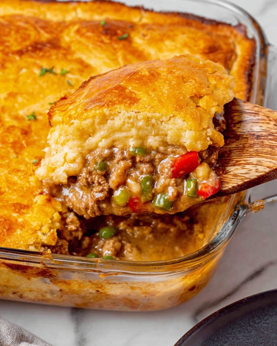 A clear glass baking dish shows a layered casserole with a thick, golden-brown crust on top that looks crispy and slightly cracked. Below the crust, there is a creamy mixture filled with small pieces of cooked ground meat, chopped green and red bell peppers, and a rich, smooth sauce. A wooden spoon lifts a portion from the dish, revealing the gooey and hearty filling beneath the crust. The dish is placed on a white marbled surface with a dark round plate nearby. Photo taken with an iphone --ar 4:5 --v 7