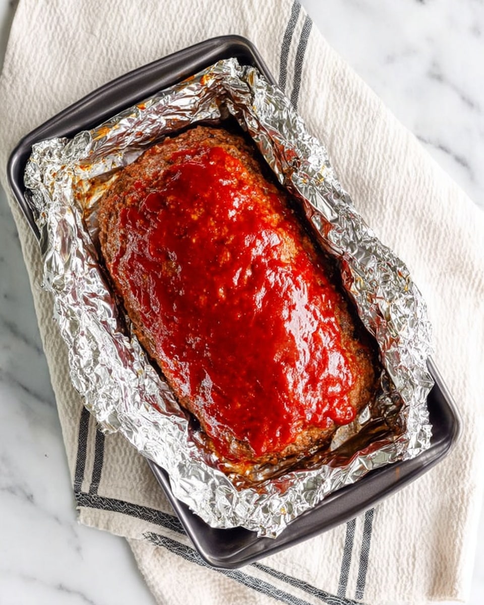 A rectangular meatloaf covered in a shiny red glaze, resting inside a loaf pan lined with crumpled aluminum foil. The meatloaf has a rich brown color beneath the red glaze, showing some darker browned spots, and the foil creates a reflective silver border around it. The pan sits on a white cloth with thin black stripes, all placed on a white marbled surface. photo taken with an iphone --ar 4:5 --v 7