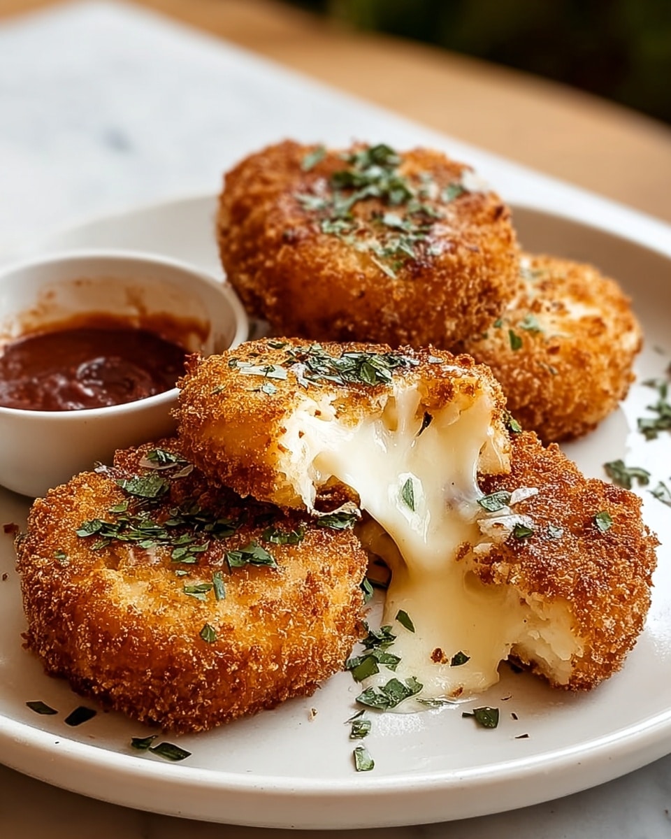 A white plate holds four round, golden-brown fried cheese patties with a crispy breadcrumb coating, sprinkled with fresh chopped green herbs. One patty is broken open, showing creamy melted cheese oozing out over a slightly beige inner layer, resting on the white plate. In the background, a small white bowl with red dipping sauce sits behind the patties, all placed on a white marbled surface with soft natural light. photo taken with an iphone --ar 4:5 --v 7