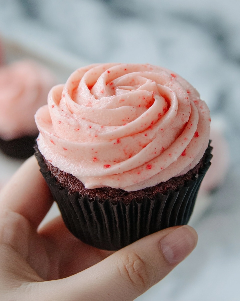 Three cupcakes sit on a table with a white marbled texture. Each cupcake has a dark brown wrapper and a swirl of light pink frosting on top, which is smooth and creamy with small red specks. The frosting is piped in a circular rose pattern with defined, soft ridges, and the cupcakes are arranged close but not touching, with one in the foreground and two slightly out of focus in the background. photo taken with an iphone --ar 4:5 --v 7