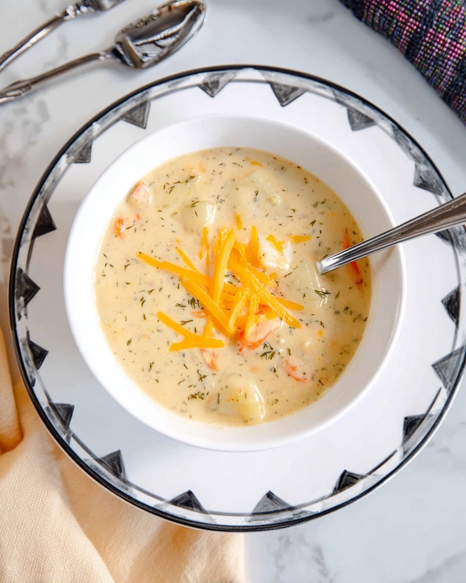 A white bowl filled with creamy soup sits in the center of a white plate with black triangular designs on the rim. The soup has a thick, light beige base mixed with small pieces of pale vegetables such as potatoes and light orange carrots, along with a few darker specks of herbs. Bright orange shredded cheese slices float on top of the soup. A silver spoon is resting inside the bowl, angled towards the left. The plate is on a white marbled texture with some cloth and silver cutlery visible on the left side. photo taken with an iphone --ar 4:5 --v 7