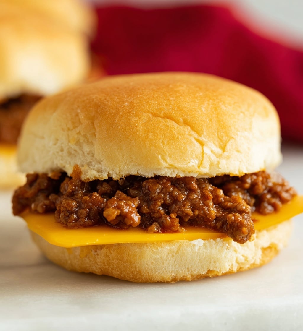 A close-up view of a simple sloppy joe sandwich showing three main layers: the bottom layer is a soft, lightly toasted sandwich bun with a golden-brown crust and a fluffy interior. The middle layer is a slice of smooth, bright yellow cheese placed flat on the bun. On top of the cheese sits a generous serving of saucy, cooked ground beef mixed with finely chopped onions, rich brown in color with a moist, slightly chunky texture. The top layer is the other half of the sandwich bun, lightly toasted with a soft, airy crumb. The sandwich is set on a white marbled surface with a blurred background of red food pieces. Photo taken with an iphone --ar 4:5 --v 7