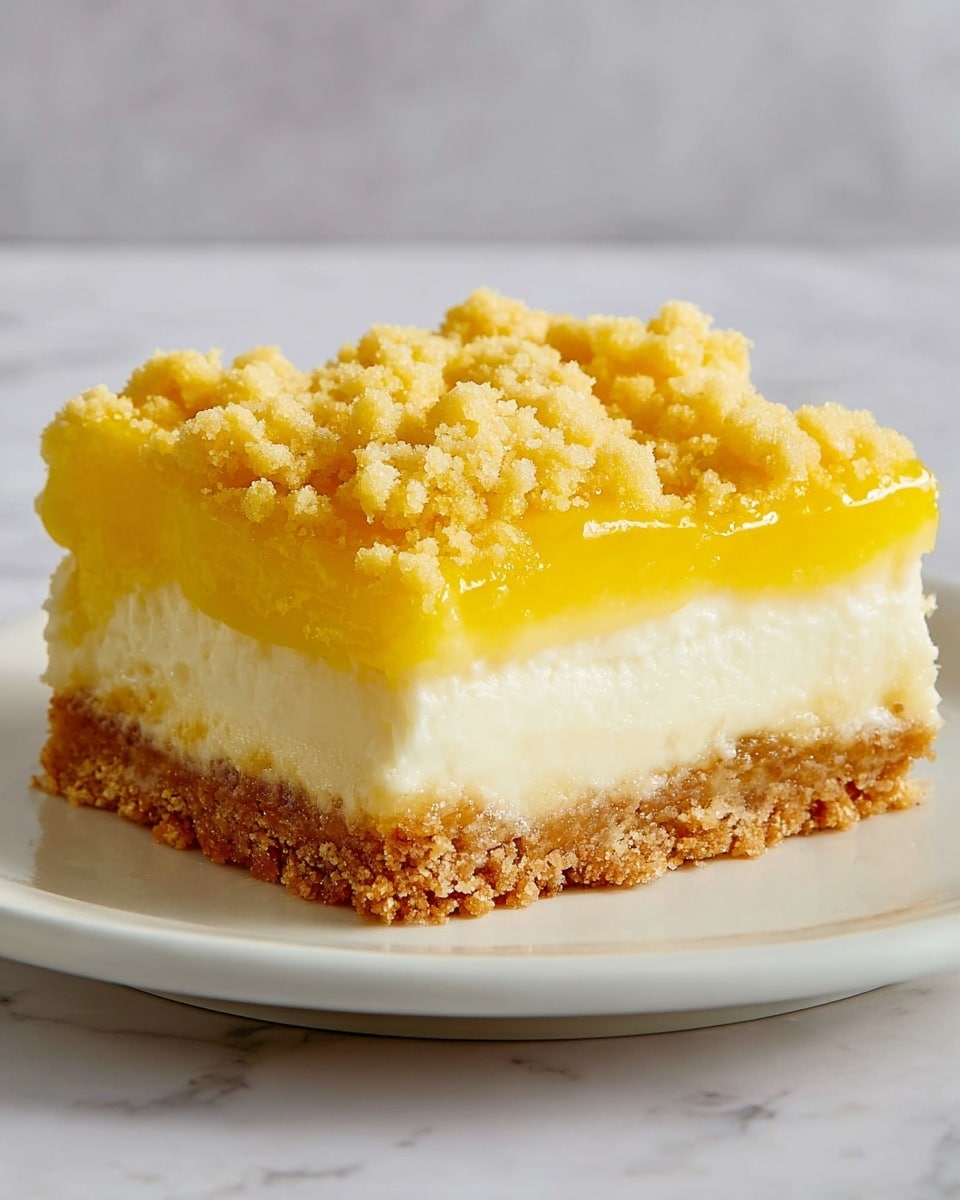 A close-up of a three-layer dessert square on a white plate, placed on a white marbled surface. The bottom layer is a firm, light brown crust with a crumbly texture. The middle layer is a smooth, creamy white filling that contrasts with the other layers. On top, there is a bright yellow, glossy layer with a slightly jelly-like texture. The dessert is finished with a golden crumbly topping, which is irregular and chunky, adding a rough texture to the top. Photo taken with an iphone --ar 4:5 --v 7