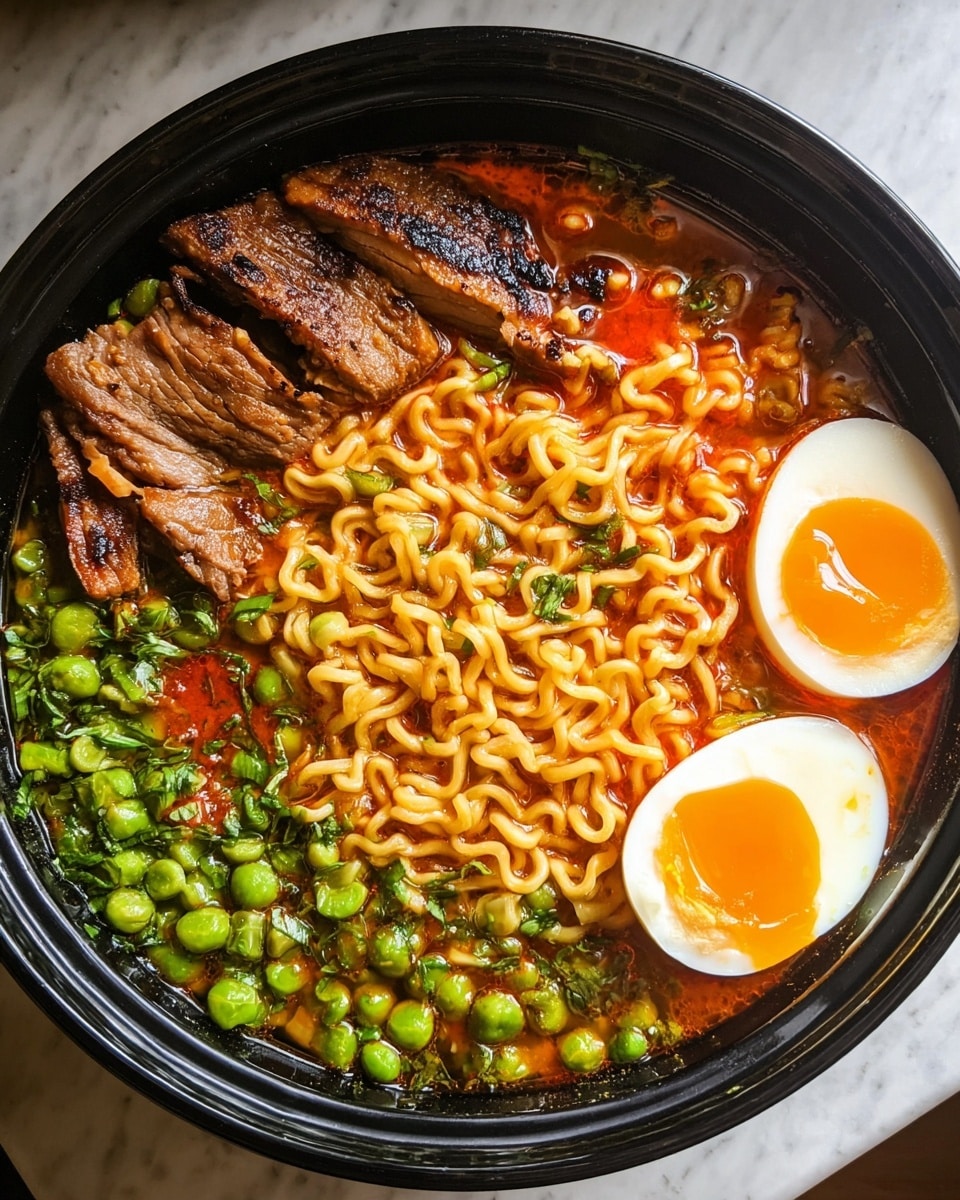 A black bowl is filled with three main layers: the bottom layer is a light brown broth with a slight red oil swirl, the middle layer consists of yellow curly noodles covering most of the surface, and the top layer has bright green peas scattered across the right side, two halves of soft-boiled eggs with bright orange yolks positioned on the left and right edges, and a few strips of brown grilled meat placed along the top left edge, all ingredients floating in the broth, creating a colorful and textured presentation on a white marbled surface. photo taken with an iphone --ar 4:5 --v 7