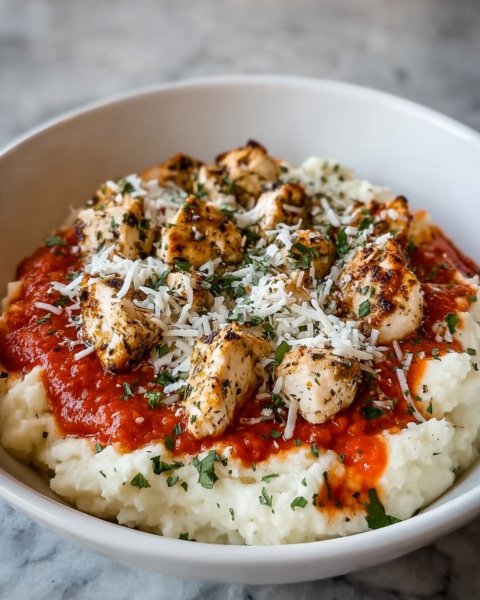 A white bowl filled with three main layers: the bottom layer is creamy white mashed potatoes with a smooth texture, the middle layer is a bright red tomato-based sauce spread unevenly over the mashed potatoes, and the top layer consists of grilled chicken chunks seasoned with herbs, showing a golden-brown color. The dish is sprinkled with shredded white cheese and small green herb leaves all over the top, adding texture and color contrast. The bowl is placed on a white marbled surface. photo taken with an iphone --ar 4:5 --v 7