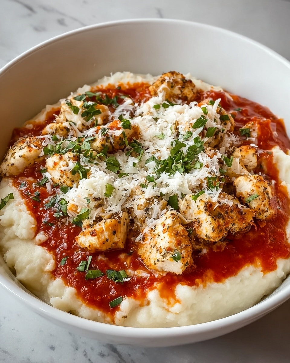 A white bowl holds a dish with three main layers: at the bottom is a creamy white mashed base, topped with a bright red tomato sauce spread unevenly around the edges. On top of this sauce are chunks of cooked chicken, light golden brown with herbs sprinkled over. The dish is finished with shredded white cheese and small bits of fresh green herbs scattered across the top, adding texture and color contrast. The bowl is placed on a white marbled surface. photo taken with an iphone --ar 4:5 --v 7