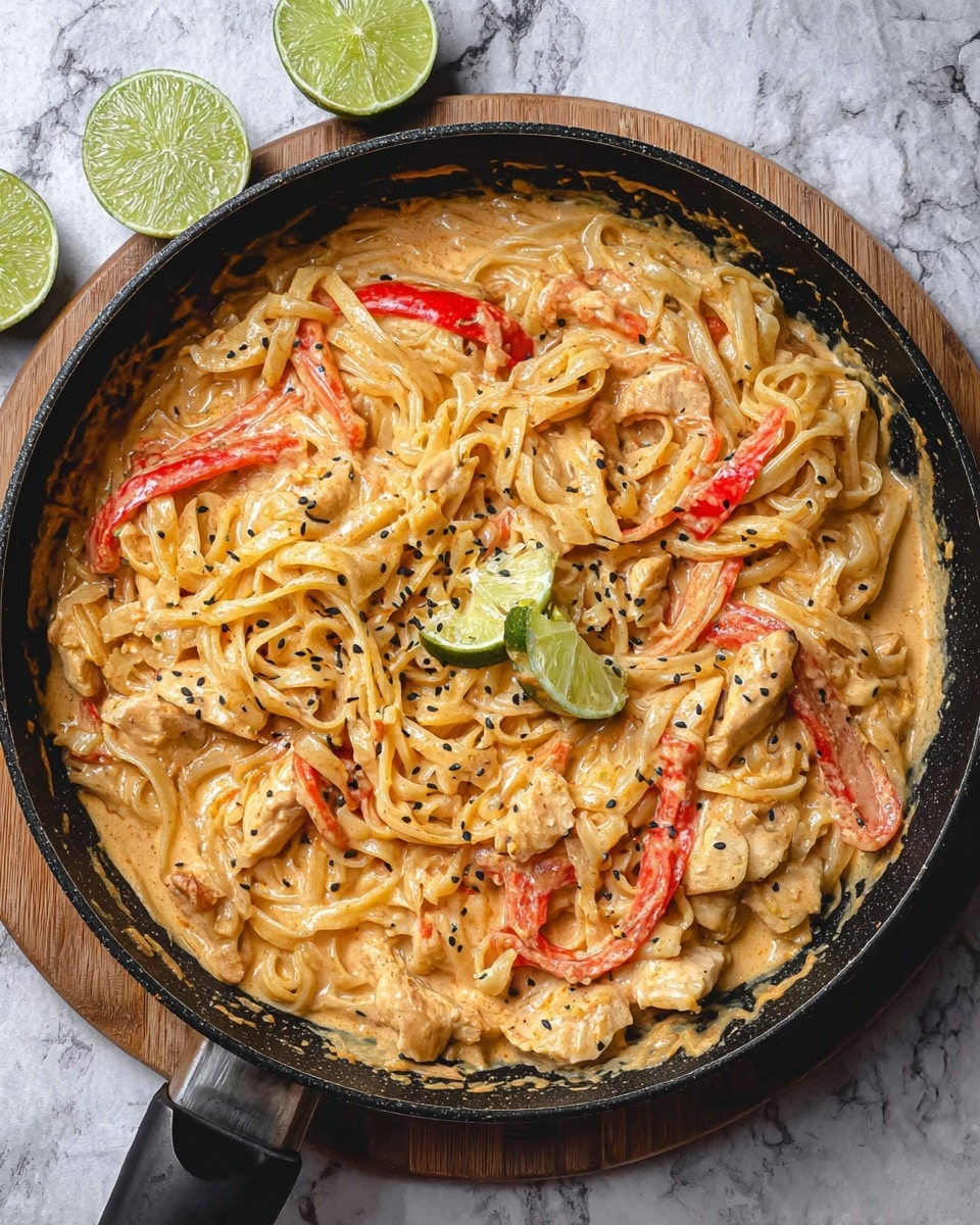 A black pan filled with creamy noodles mixed with sliced red bell peppers and chicken pieces, all coated in a light orange sauce with specks of black sesame seeds scattered throughout; two lime wedges rest on top near the edge of the pan, which sits on a wooden board over a white marbled texture background. Photo taken with an iphone --ar 4:5 --v 7