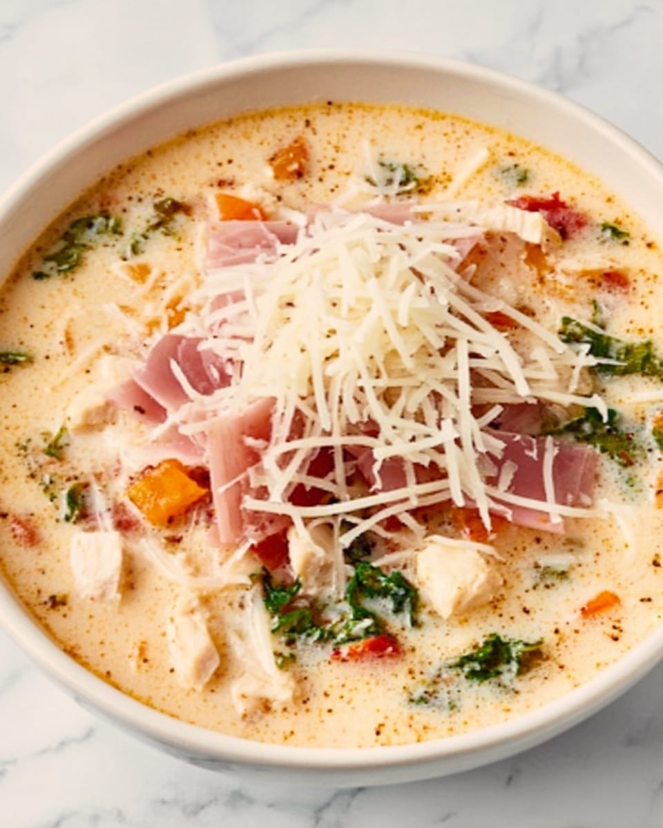 The image shows a white bowl filled with a creamy soup that has a light beige color. Inside the soup, there are small pieces of chicken, red and orange bits that look like tomatoes or carrots, and chopped greens spread evenly throughout. On top of the soup, there are two layers: the first layer consists of thin slices of ham or prosciutto, and the second layer is a pile of shredded white cheese at the front of the bowl. All ingredients sit in the creamy soup base, and the bowl is placed on a white marbled surface. Photo taken with an iphone --ar 4:5 --v 7