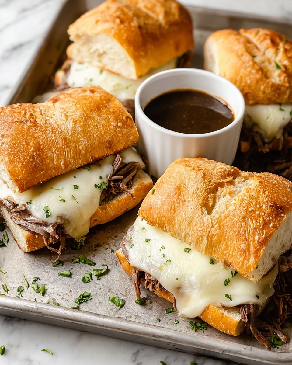 Four toasted ciabatta sandwiches with golden, crispy crusts are filled with layers of shredded, tender brown beef and topped with melted white cheese. The sandwiches sit on a silver baking tray garnished with small pieces of chopped green herbs. In the center of the tray, there is a small white ceramic cup filled with dark, glossy beef dipping sauce. The whole scene is set against a white marbled texture. Photo taken with an iphone --ar 4:5 --v 7