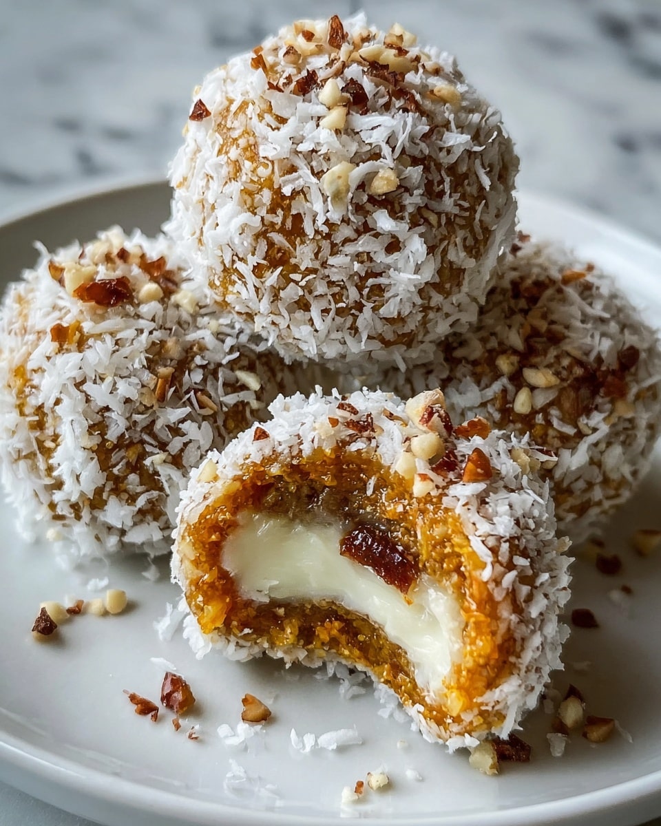 Three round treats covered in white shredded coconut and small brown nut pieces sit on a white plate with a white marbled surface beneath. The front treat has a bite taken out, showing a middle layer of soft, smooth off-white filling surrounded by a thick golden-orange outer layer with a sticky texture. The coconut and nuts cling to the outside of each ball, giving a rough, snowy texture. Photo taken with an iphone --ar 4:5 --v 7