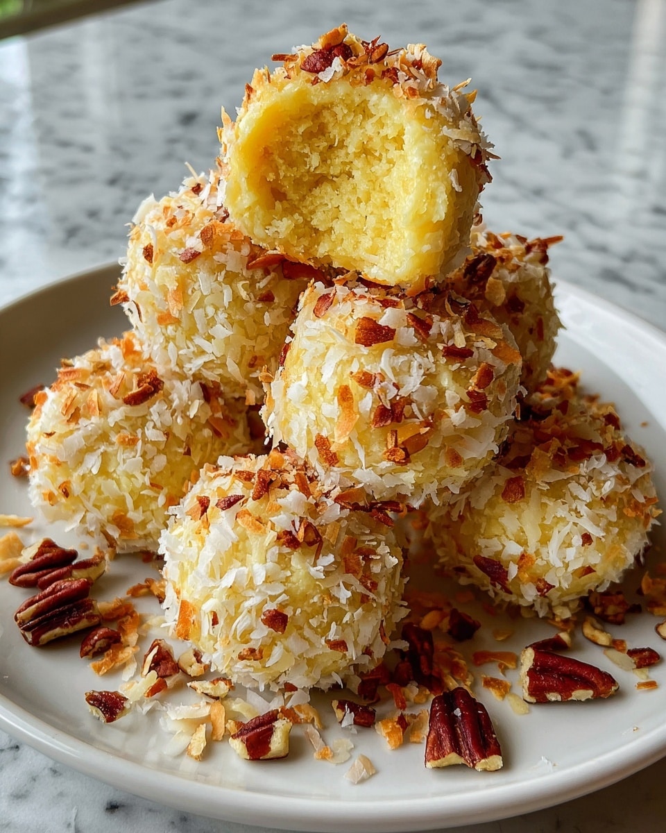 The image shows five round balls stacked on a white plate with a white marbled surface underneath. Each ball has two layers: a soft, moist, yellow inside with a grainy texture and an outer layer coated in toasted shredded coconut mixed with small pieces of chopped pecans, giving a crunchy, textured look in light brown and white colors. One ball is cut in half, revealing the yellow inside, while chopped pecans and coconut shreds scatter lightly around the base of the balls. Photo taken with an iphone --ar 4:5 --v 7