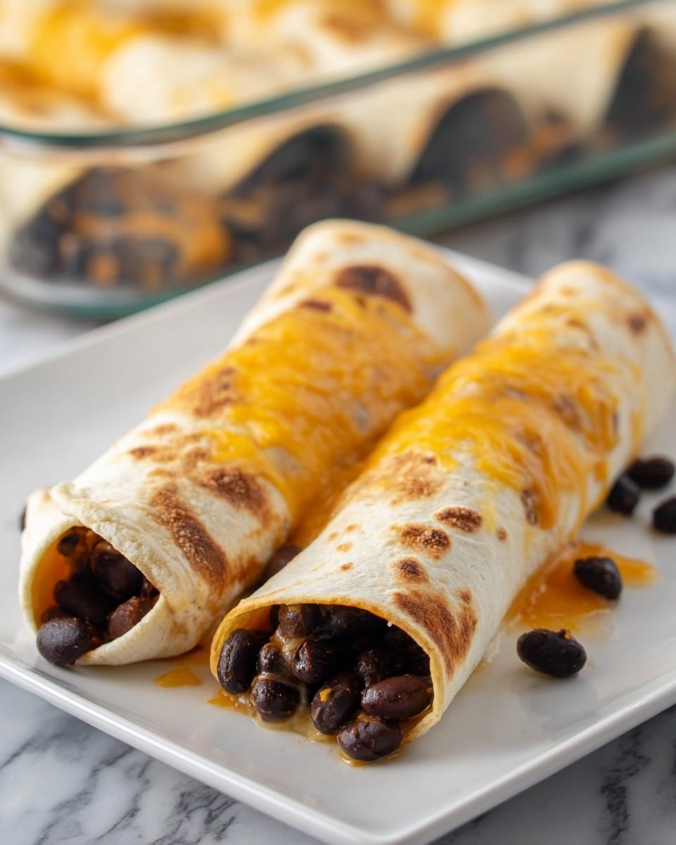 Two rolled tortillas filled with black beans and melted yellow cheddar cheese are placed side by side on a white square plate. The tortillas are light golden brown with toasted spots, and some beans and cheese are scattered on top and around them. In the background, more rolled tortillas filled with beans are seen in a clear glass dish, slightly out of focus, all set on a white marbled surface. photo taken with an iphone --ar 4:5 --v 7