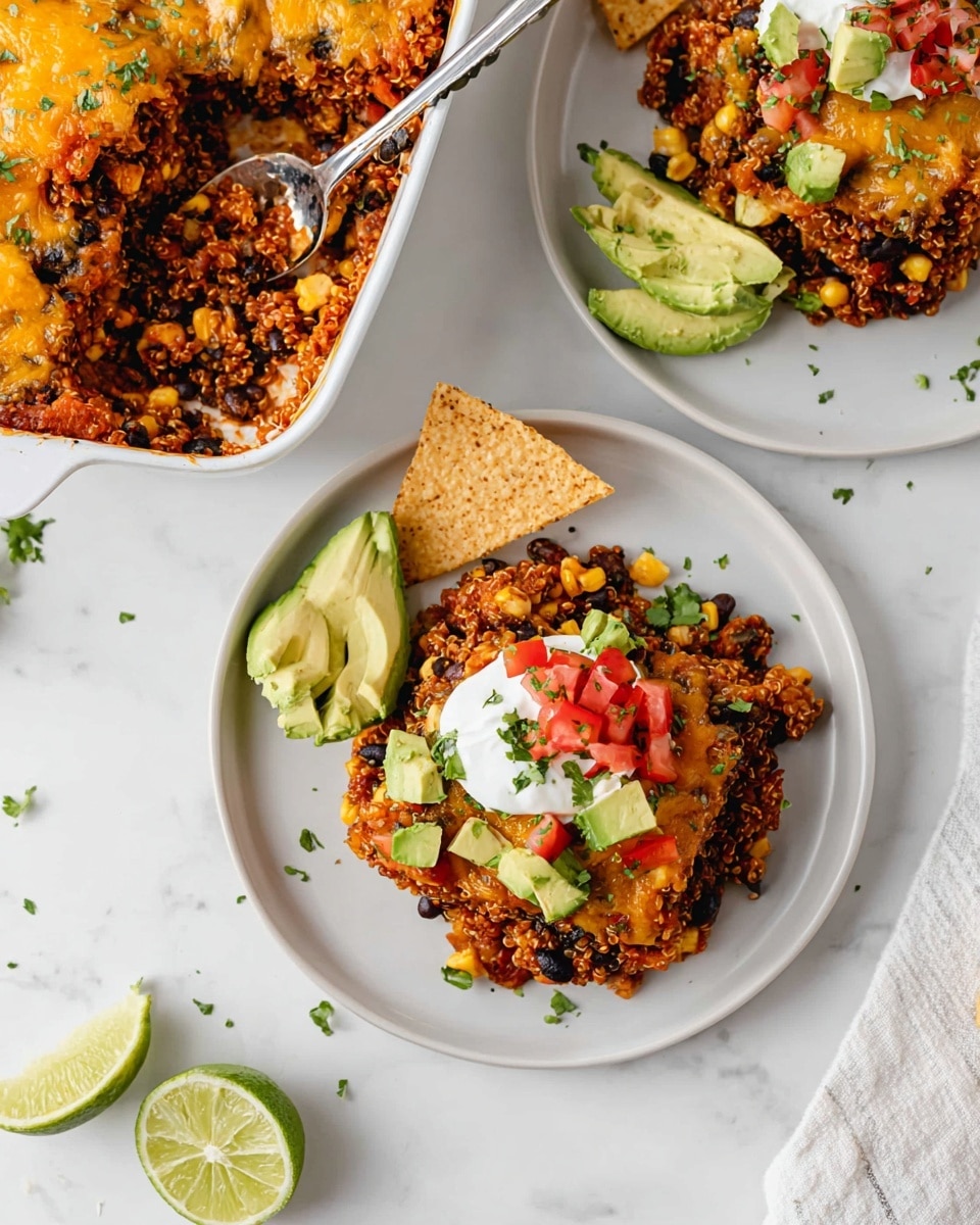 The image shows a white rectangular baking dish filled with a layered baked casserole. The top layer is golden-brown melted cheese mixed with patches of orange cheddar and white mozzarella, sprinkled with small green herbs. Below the cheese, there are visible layers of dark beans, yellow corn, and a textured ground meat mixture with a rich reddish-brown sauce. The casserole is thick, nearly reaching the dish's edges, and a serving scoop lifts a portion from the corner, revealing the layers inside. The background features a white marbled surface and a soft gray cloth partially under the dish, with some tortilla chips in a basket out of focus behind. Photo taken with an iphone --ar 4:5 --v 7