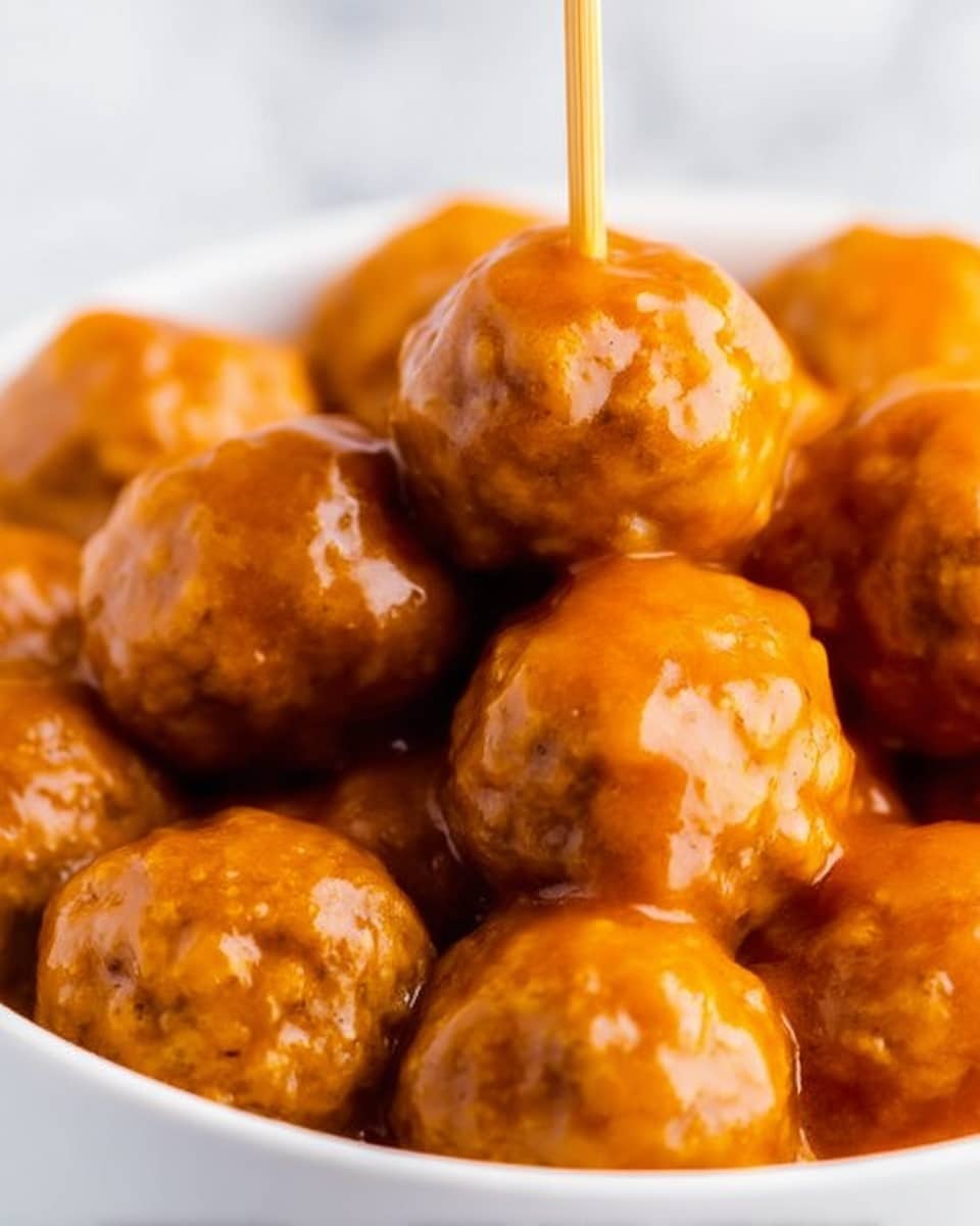 The image shows a close-up of several round, golden-brown meatballs covered in a shiny orange sauce, all piled together inside a white bowl. One meatball is lifted slightly above the rest, pierced by a thin wooden toothpick standing vertically in the center. The sauce looks smooth and glossy, coating each meatball evenly. The background features a white marbled surface that contrasts softly with the warm colors of the meatballs and sauce. photo taken with an iphone --ar 4:5 --v 7