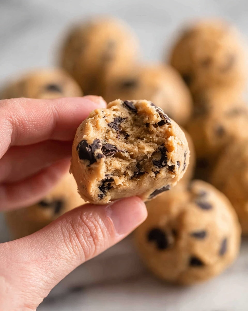A close-up image of a woman's hand holding a round, bite-sized ball of cookie dough with visible dark chocolate chips embedded throughout. The dough is light brown, soft, and slightly crumbly, with a visible bite taken from it showing a dense, textured interior filled with scattered chocolate chips. In the blurred background, more unbaked cookie dough balls of the same light brown color are visible, resting closely together on a white marbled surface. Photo taken with an iphone --ar 4:5 --v 7