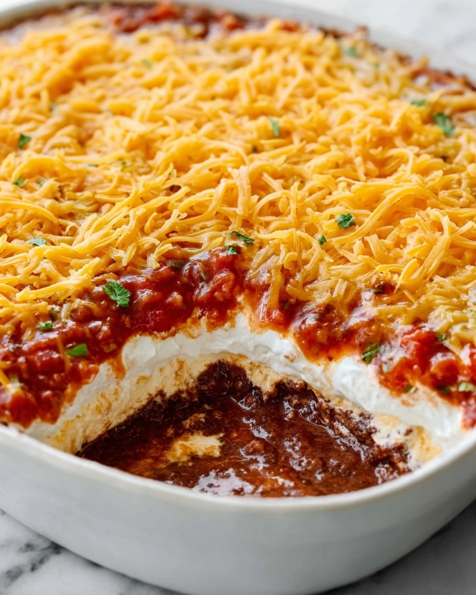 A close-up view of a layered cheese and salsa dip in a white ceramic dish. The bottom layer is dark brown refried beans, followed by a layer of bright red salsa with visible tomato chunks and small green bits of herbs. Above the salsa, there is a smooth layer of creamy white sour cream. The top layer is a generous covering of shredded yellow and white cheese, creating a textured and colorful topping. The dish has a portion scooped out, showing the distinct layers clearly against the white marbled surface underneath. Photo taken with an iphone --ar 4:5 --v 7