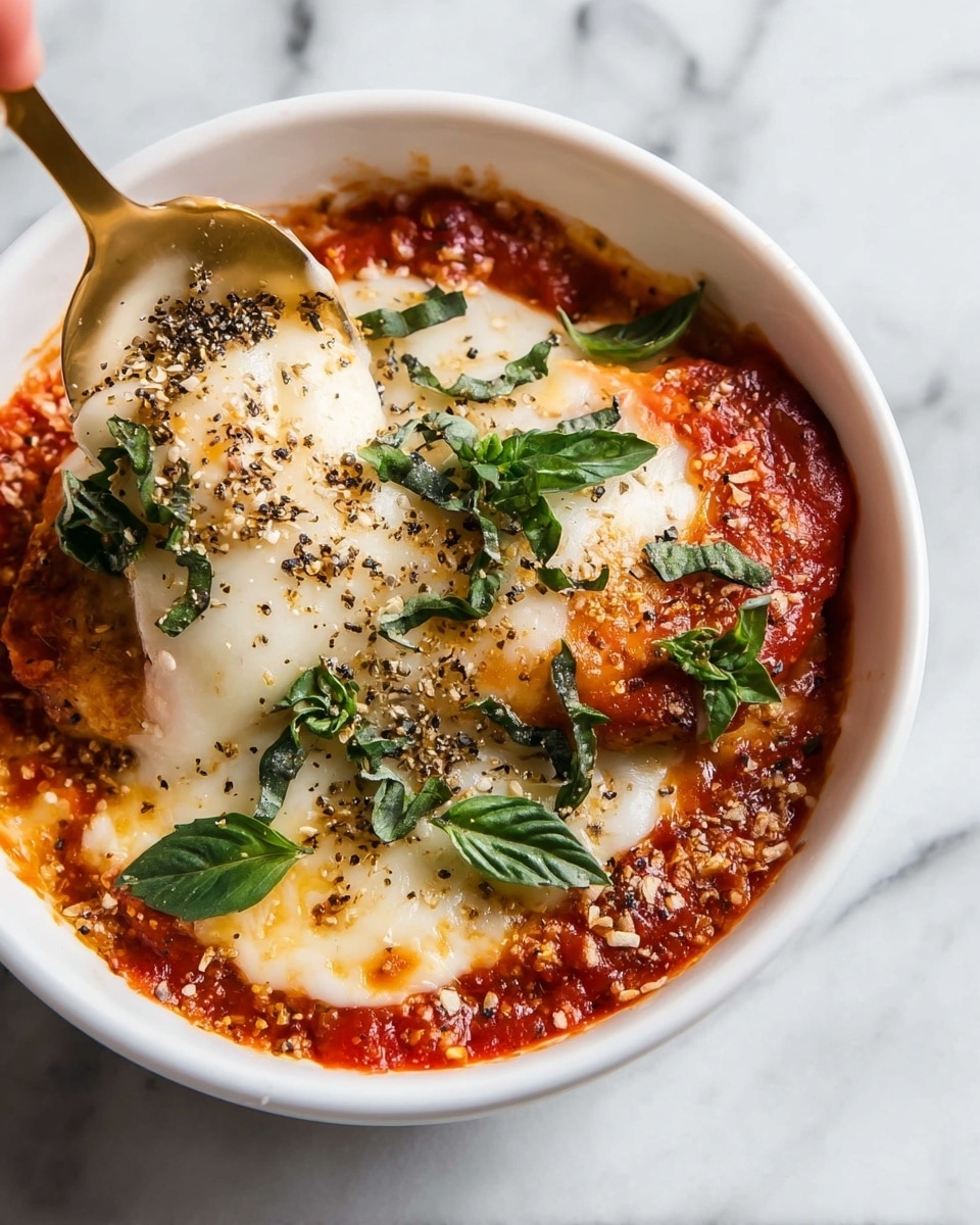 A white bowl filled with a dish made of three main layers: the bottom layer is a rich, bright red tomato sauce, the middle layer is melted white cheese covering most of the surface with some slight bubbling, and the top layer is a piece of golden-brown chicken partly covered in cheese and sauce. There are fresh green basil leaves scattered on top, adding a fresh touch, and ground black pepper being sprinkled over the dish by a woman's hand from above. The bowl sits on a white marbled surface. photo taken with an iphone --ar 4:5 --v 7