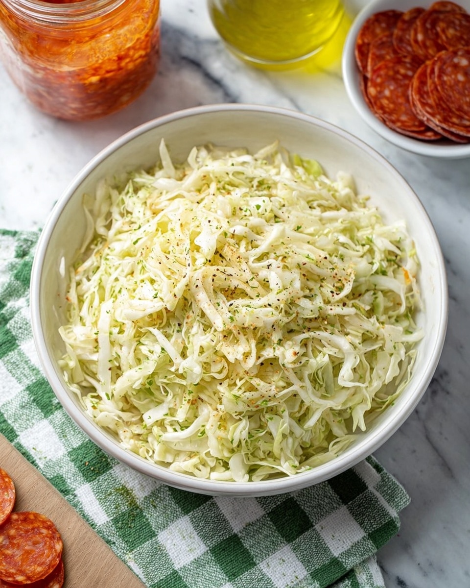 A white bowl filled with shredded cabbage salad sits on a green checkered cloth over a white marbled surface. The salad has many thin white and pale green cabbage strips mixed with black pepper and herbs scattered across. Two metal tongs grip the cabbage in the bowl, lifting some of the salad. In the background, blurred jars hold red sauce and other condiments. photo taken with an iphone --ar 4:5 --v 7