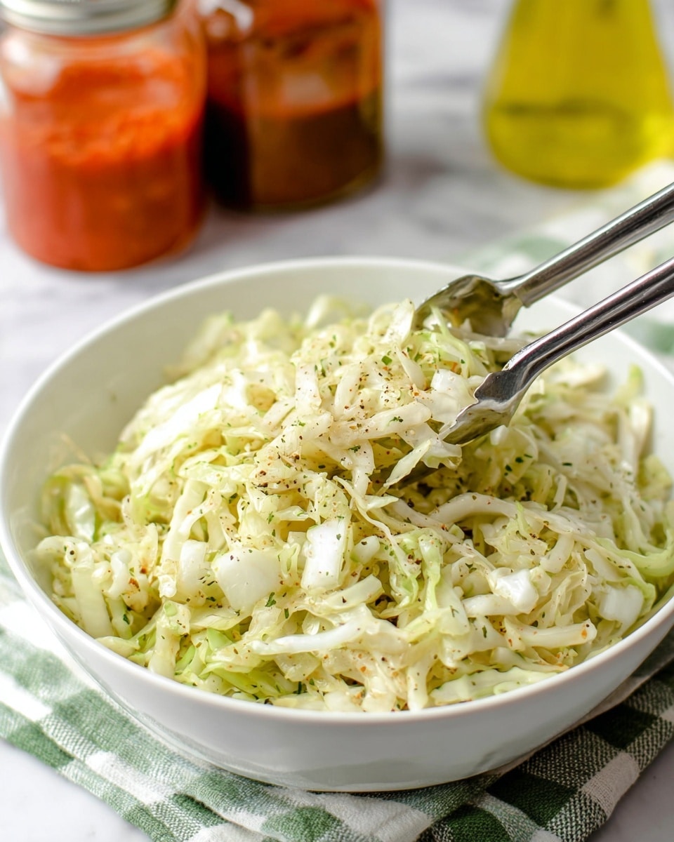 A bowl filled with a single layer of shredded white cabbage mixed with herbs and black pepper sprinkled all over, giving a speckled look to the pale, stringy cabbage. The bowl is white and round, placed on a green and white checkered cloth laid on a white marbled surface. Nearby, there is a small white bowl with thin, round slices of pepperoni and a jar of red sauce partially visible, along with part of a clear bottle with a yellow liquid, possibly oil, creating a fresh and simple food setting. photo taken with an iphone --ar 4:5 --v 7