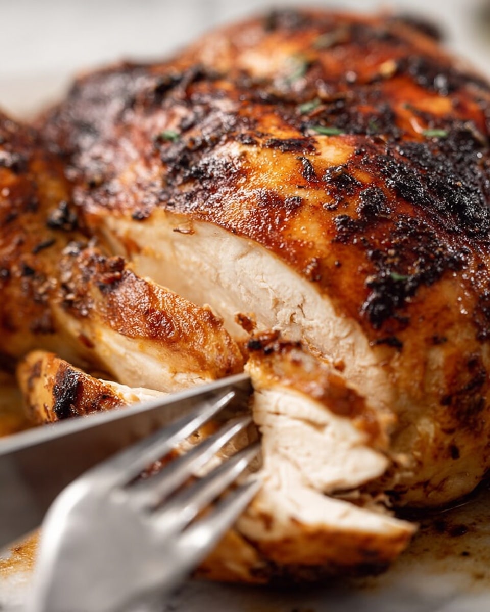 A roasted chicken with a crispy, golden-brown skin covered in dark, charred spots is shown close up. The chicken's top layer is the browned, textured skin, while beneath, juicy white meat is being cut with a knife and held with a fork, both silver and shiny. The knife is slicing through the tender chicken breast, revealing smooth, moist white meat inside. The chicken rests on a surface with hints of green herbs blurred in the background. Photo taken with an iphone --ar 4:5 --v 7