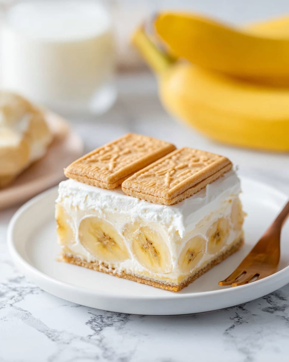 The image shows a glass rectangular dish filled with a layered dessert. The bottom layer is white and creamy, topped with a single even layer of square vanilla wafer cookies with various embossed designs like a crown, a vase, and a rooster, all in light golden brown. One cookie is being lifted by a spoon, showing the creamy white layer beneath. The dish sits on a striped black and white cloth on a white marbled surface. Photo taken with an iphone --ar 4:5 --v 7