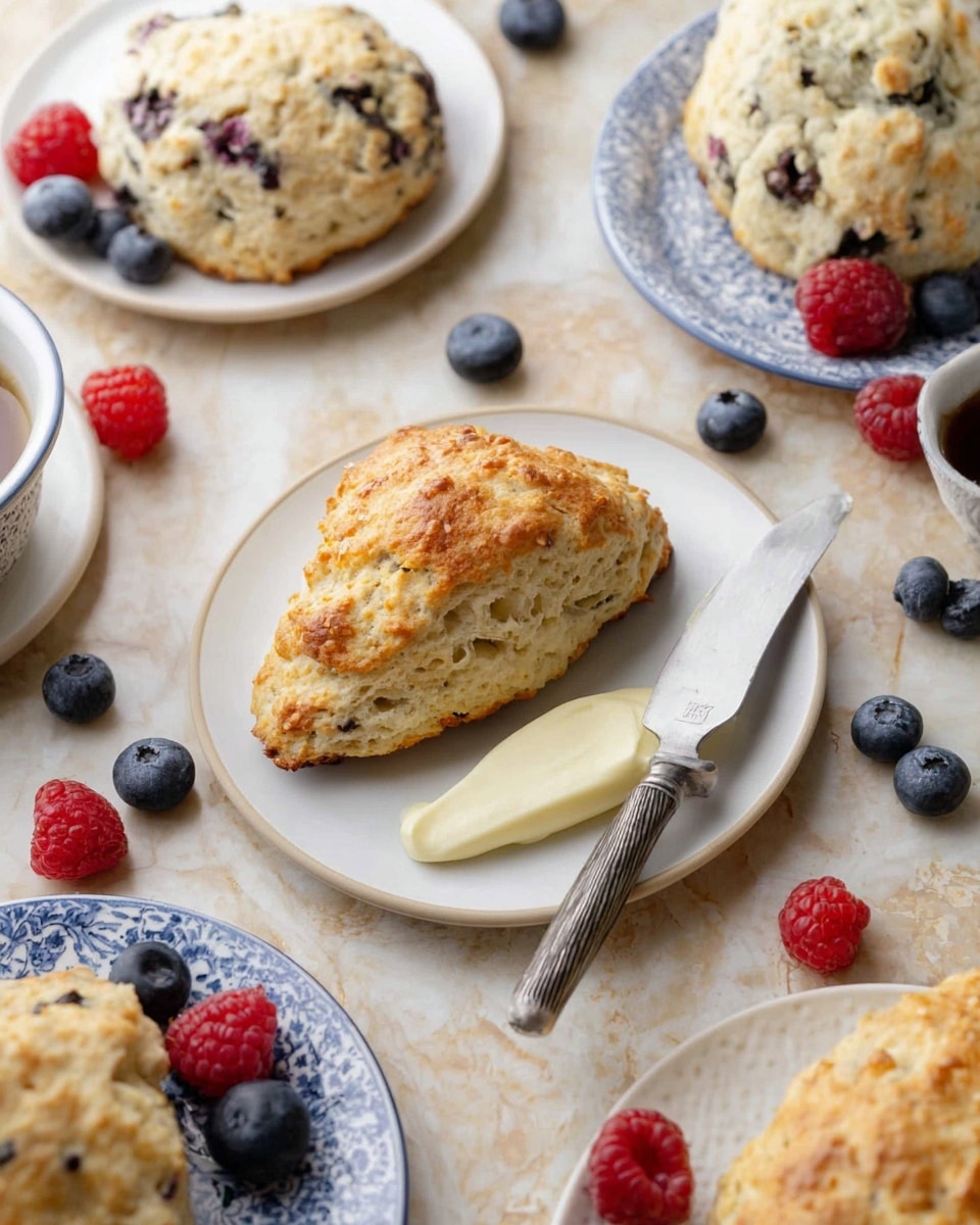 A close-up view of a golden brown scone with a slightly crumbly texture sitting on a small white plate, centered in the image. A silver knife with a small layer of softened butter on its blade rests diagonally on the plate next to the scone. In the background, there are three more white plates scattered, each holding different scones: one with dark chocolate chips, another with blueberries, and another plain one, some plates also have a couple of fresh raspberries or blueberries beside the scones. The surface beneath everything is a white marbled texture, with a few loose berries scattered around. photo taken with an iphone --ar 4:5 --v 7