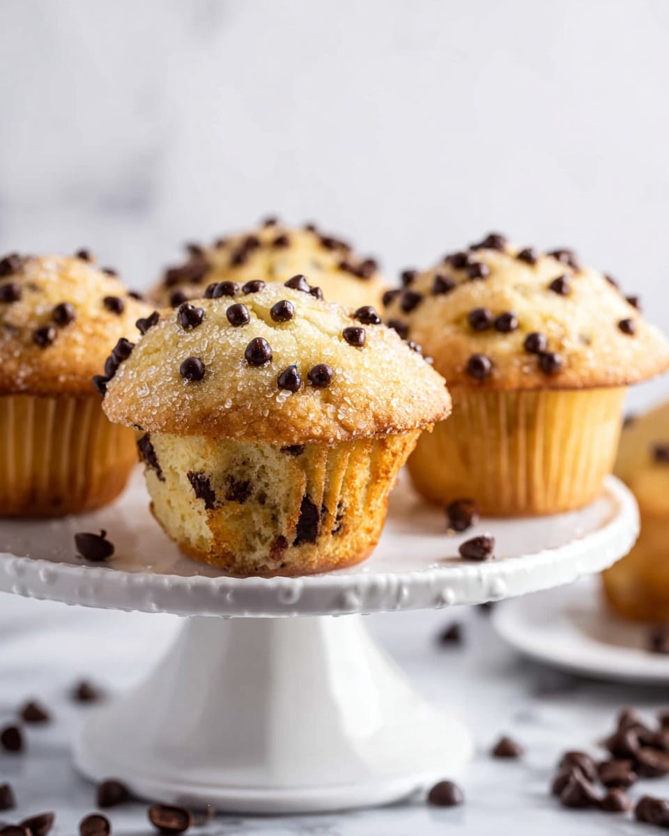A white cake stand holding four golden-brown muffins with a slightly rough texture. Each muffin is topped with a generous amount of small dark chocolate chips scattered unevenly across a cracked sugary surface. One muffin rests on the white marbled surface below with its yellowish interior partially visible, showing tiny chocolate chips inside. Loose chocolate chips are sprinkled on the white marbled surface around the stand. The background is softly blurred light gray, enhancing the warm tones of the muffins. photo taken with an iphone --ar 4:5 --v 7