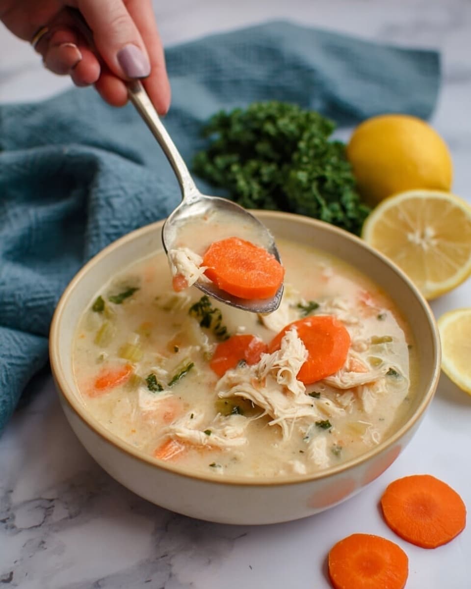 A white bowl filled with thick creamy chicken soup, showing visible layers of shredded light brown chicken, bright orange carrot slices, and small pieces of light green celery in a light beige broth. A woman's hand holds a spoon above the bowl, lifting a scoop of soup with a large orange carrot piece on top. Around the bowl on a white marbled surface are scattered carrot slices, fresh green kale, and halved yellow lemons, with a soft blue cloth in the background. photo taken with an iphone --ar 4:5 --v 7