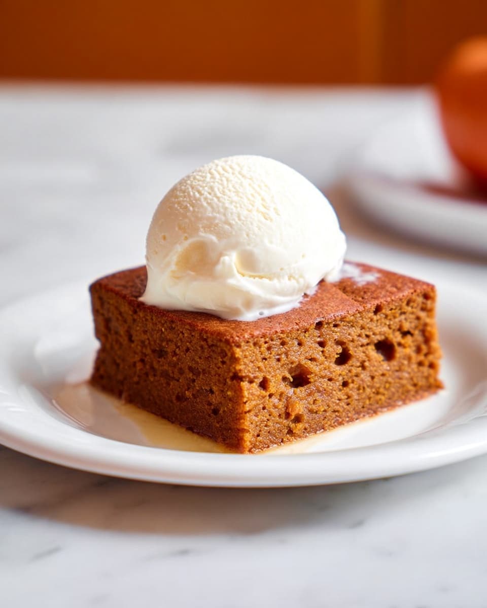 A single square piece of soft pumpkin cake with a warm brown color and a slightly crumbly texture is placed at the center of a white plate, topped with a generous scoop of smooth, creamy white ice cream melting slightly over the cake's edges; in the background, there are two small bright orange pumpkins and a blurred golden-brown cup, all set on a white marbled surface. photo taken with an iphone --ar 4:5 --v 7