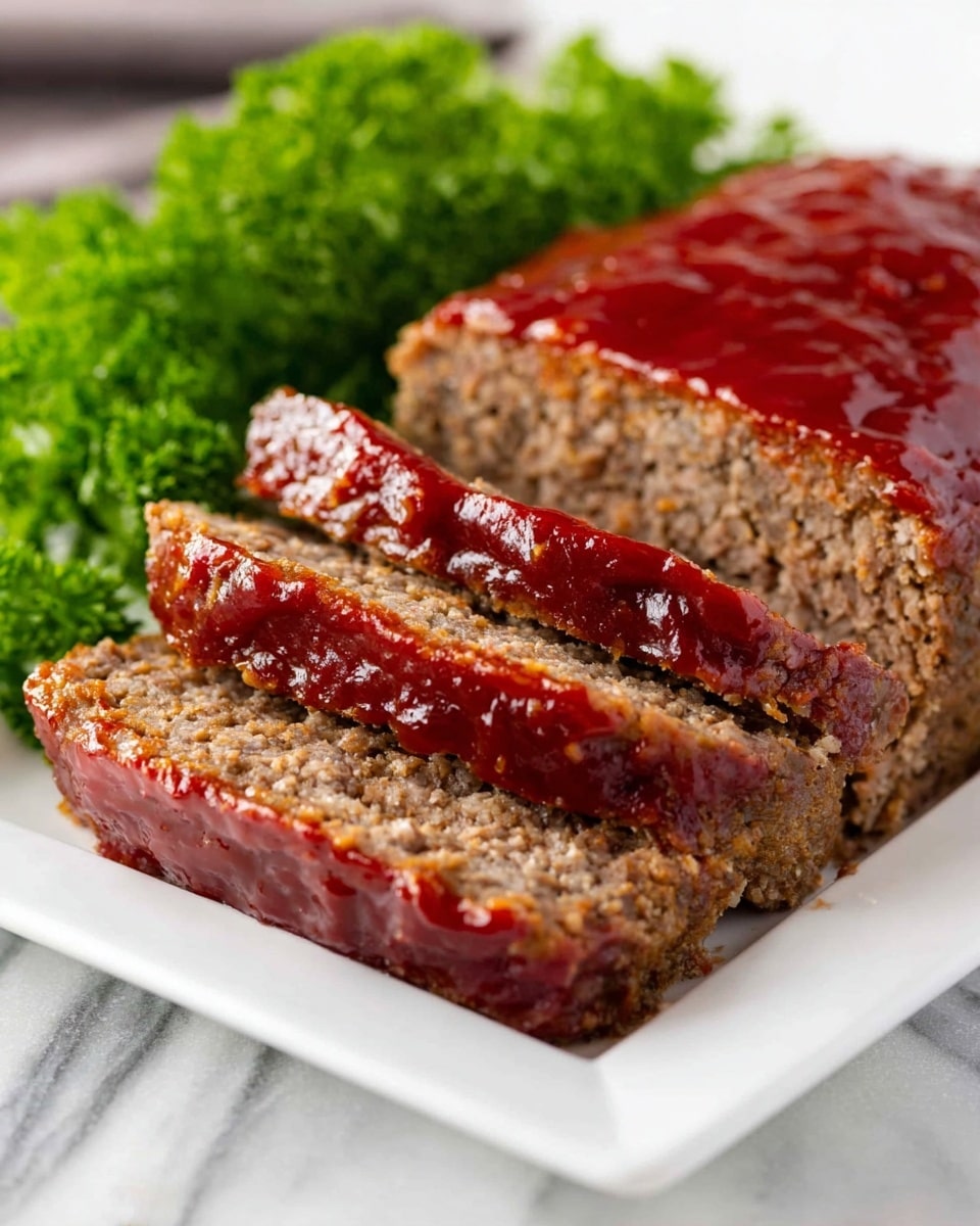 The image shows a white rectangular plate with a meatloaf sliced into four pieces. The meatloaf has a rich brown color with a coarse texture, and each slice is topped with a thick, glossy red glaze that shines under the light. The slices are arranged in a slightly overlapping manner. In the background on the same plate, there is a bunch of fresh green parsley adding a bright contrast to the rich brown and red of the meatloaf. The plate rests on a white marbled surface, enhancing the freshness and color of the food. Photo taken with an iphone --ar 4:5 --v 7