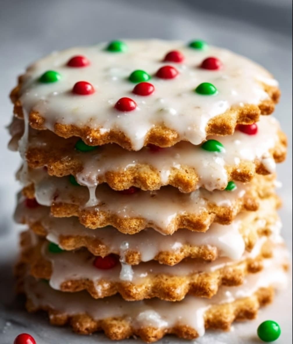 A stack of six round Ritz cracker Christmas cookies is shown on a white marbled surface. Each cookie has a scalloped edge and is covered with a smooth layer of white icing. Small red, green, and white round sprinkles are dotted evenly on the top cookie. The crackers are golden brown and slightly visible under the icing. The cookies are stacked directly on top of each other, creating a neat, tall pile. Photo taken with an iphone --ar 4:5 --v 7
