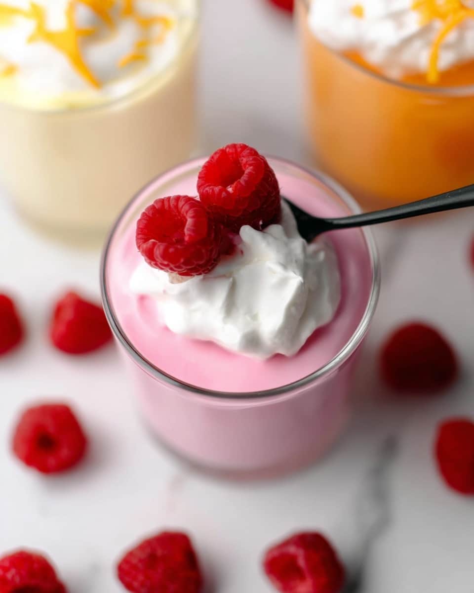A clear glass shows three visible layers: the bottom layer is a smooth, light pink mousse, topped with a dollop of white whipped cream, and finished with three bright red fresh raspberries arranged on top. A black spoon is dipped into the mousse, creating a slight swirl in the pink layer. The background is a white marbled texture with scattered raspberries around the glass. Other similar desserts with creamy yellow and pale orange layers are partially visible in the background. Photo taken with an iphone --ar 4:5 --v 7