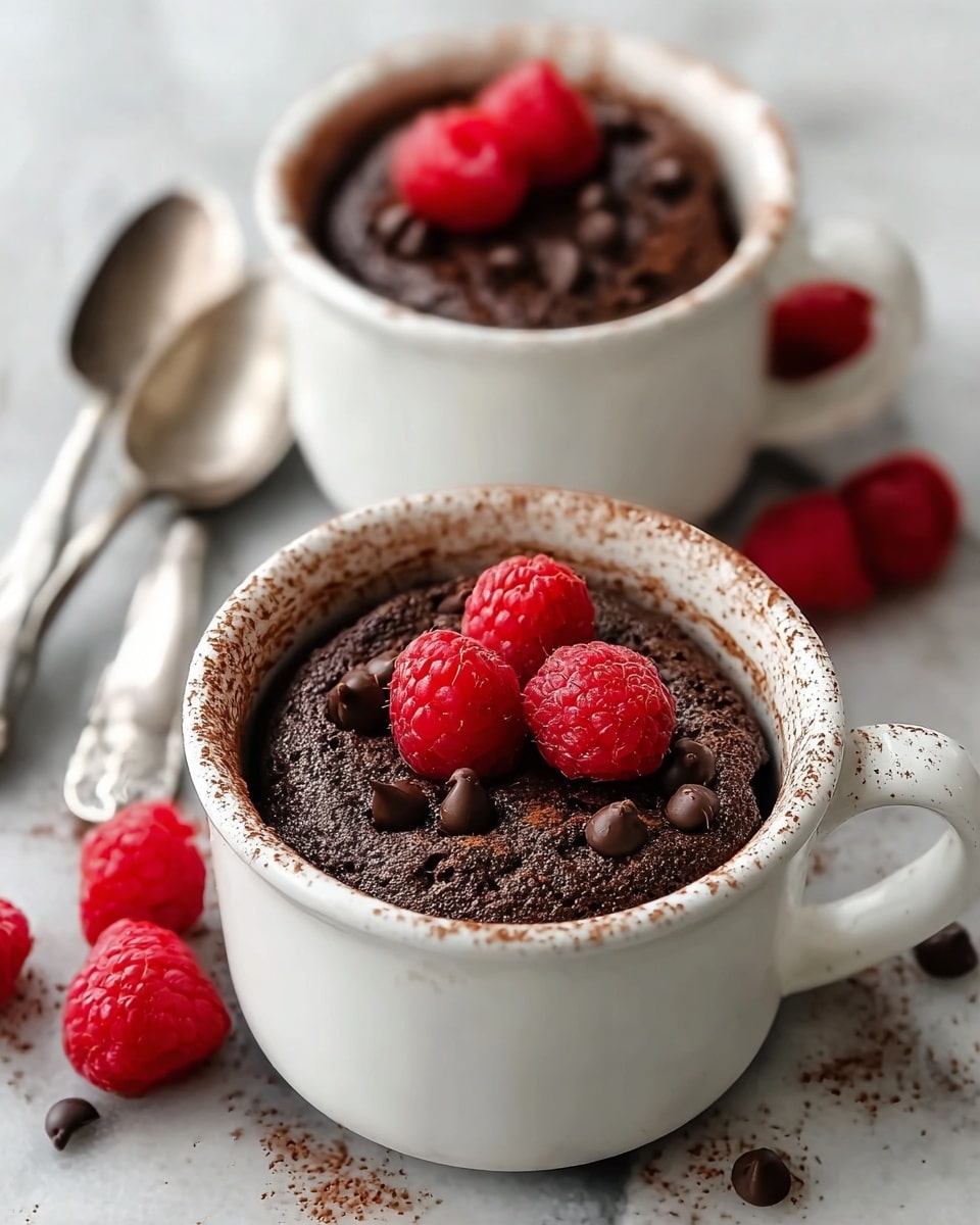 Two white cups filled with dark brown chocolate mug cakes are shown, each topped with small, shiny chocolate chips in the center and two bright red raspberries placed on top. The surface of the cakes looks soft and slightly crumbly with some chocolate powder dusted around the cup rims. A few extra raspberries are scattered around the cups on a white marbled textured surface, with two silver spoons lying nearby. photo taken with an iphone --ar 4:5 --v 7